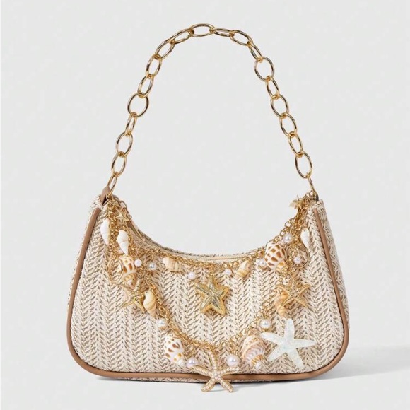 Handbags - Starfish Boho Straw Shoulder Bag with Gold Chain and Shell Charms